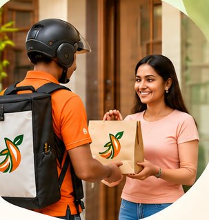 Delivery partner handing a meal to a customer at her door